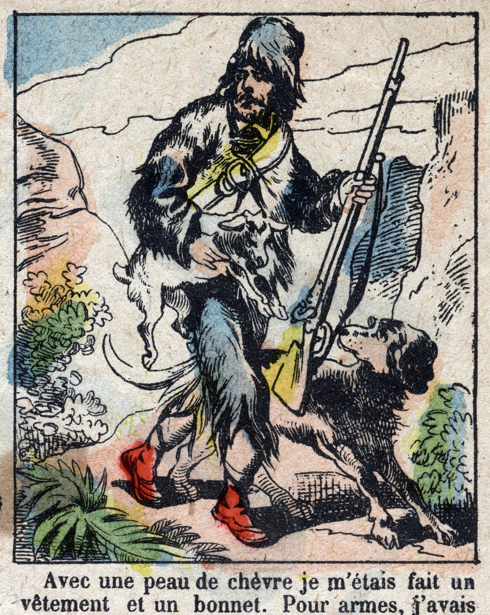 Ilustración para el libro de Daniel Defoe “Robinson Crusoe”. Imágenes de Epinal de finales del siglo XIX de French School