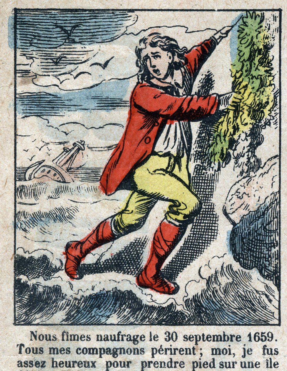 Ilustración para el libro de Daniel Defoe "Robinson Crusoe". Imagen de Épinal de finales del siglo XIX. de French School