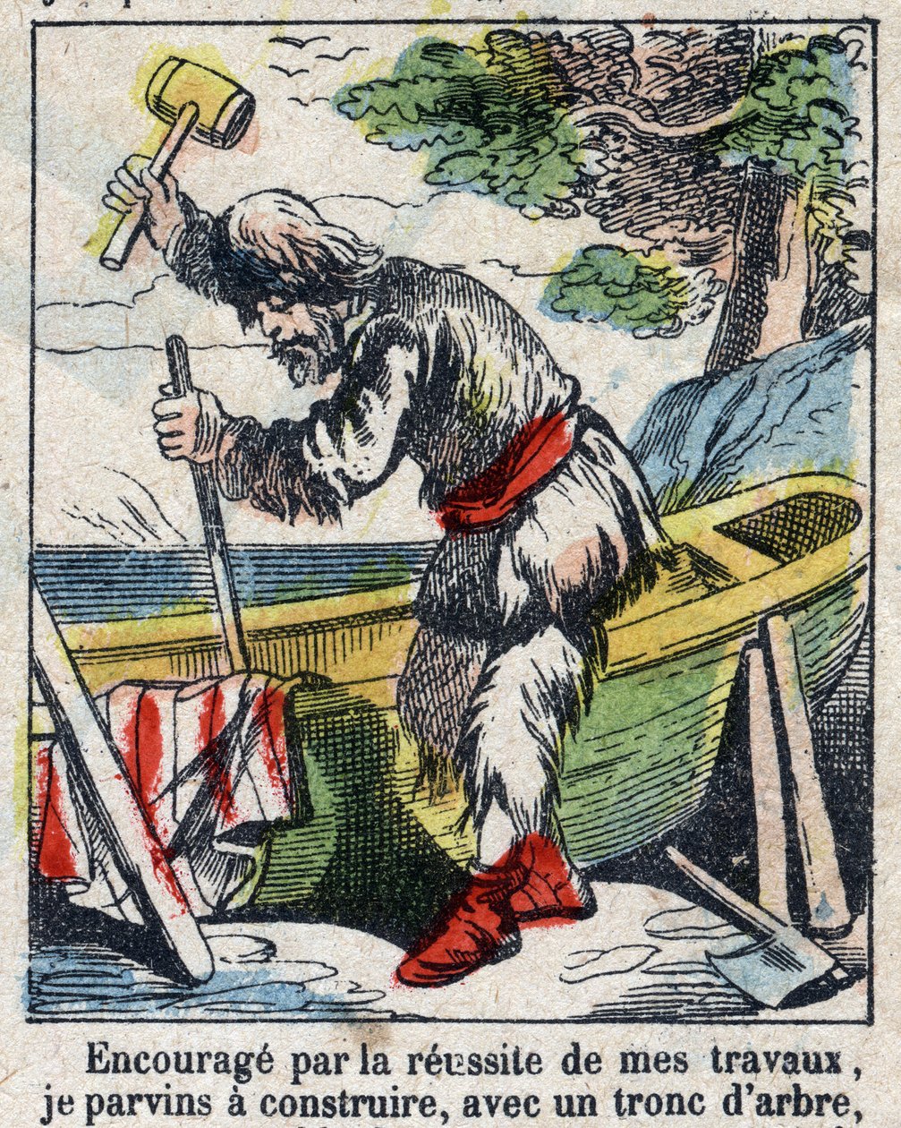 Ilustración para el libro de Daniel Defoe "Robinson Crusoe". Imágenes de Epinal de finales del siglo XIX. de French School