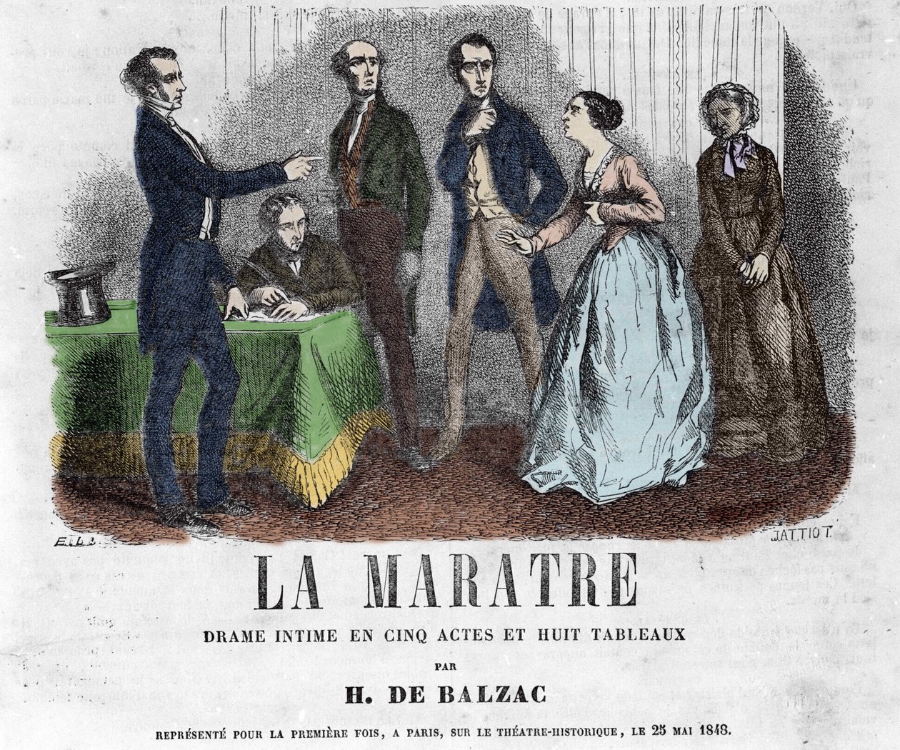 Ilustración para "La Maratre", drama en cinco actos y ocho cuadros escrito por Honoré de Balzac de French School
