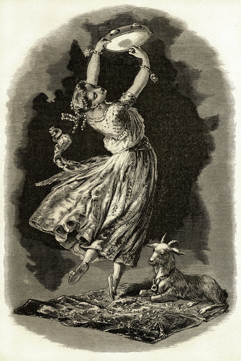 Ilustración para "Notre-Dame de París" de Victor Hugo: Esmeralda baila tocando la pandereta junto a su cabra, principios del siglo XX (litografía) de French School