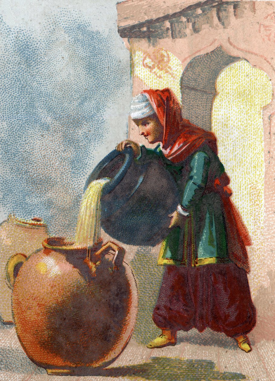 Ilustración para los Cuentos de las Mil y Una Noches. Morgiana, esclava de Alí Babá, al darse cuenta de que los jarrones contenían ladrones, les quitó la vida vertiendo aceite hirviendo en cada recipiente. Cromolitografía alrededor de 1890 de French School