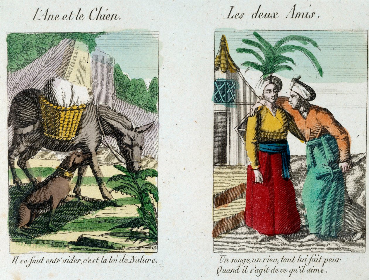Ilustración para las fábulas de Jean de la Fontaine (1621-1695): a la izquierda “El burro y el perro” a la derecha “Los dos amigos” Grabado del siglo XIX. Museo La Fontaine, Chateau Thierry de French School