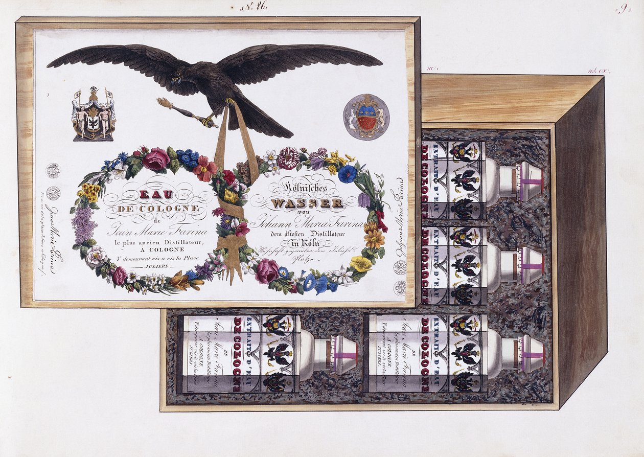 Ilustración para el empaque de eau de Cologne, c.1825 de French School