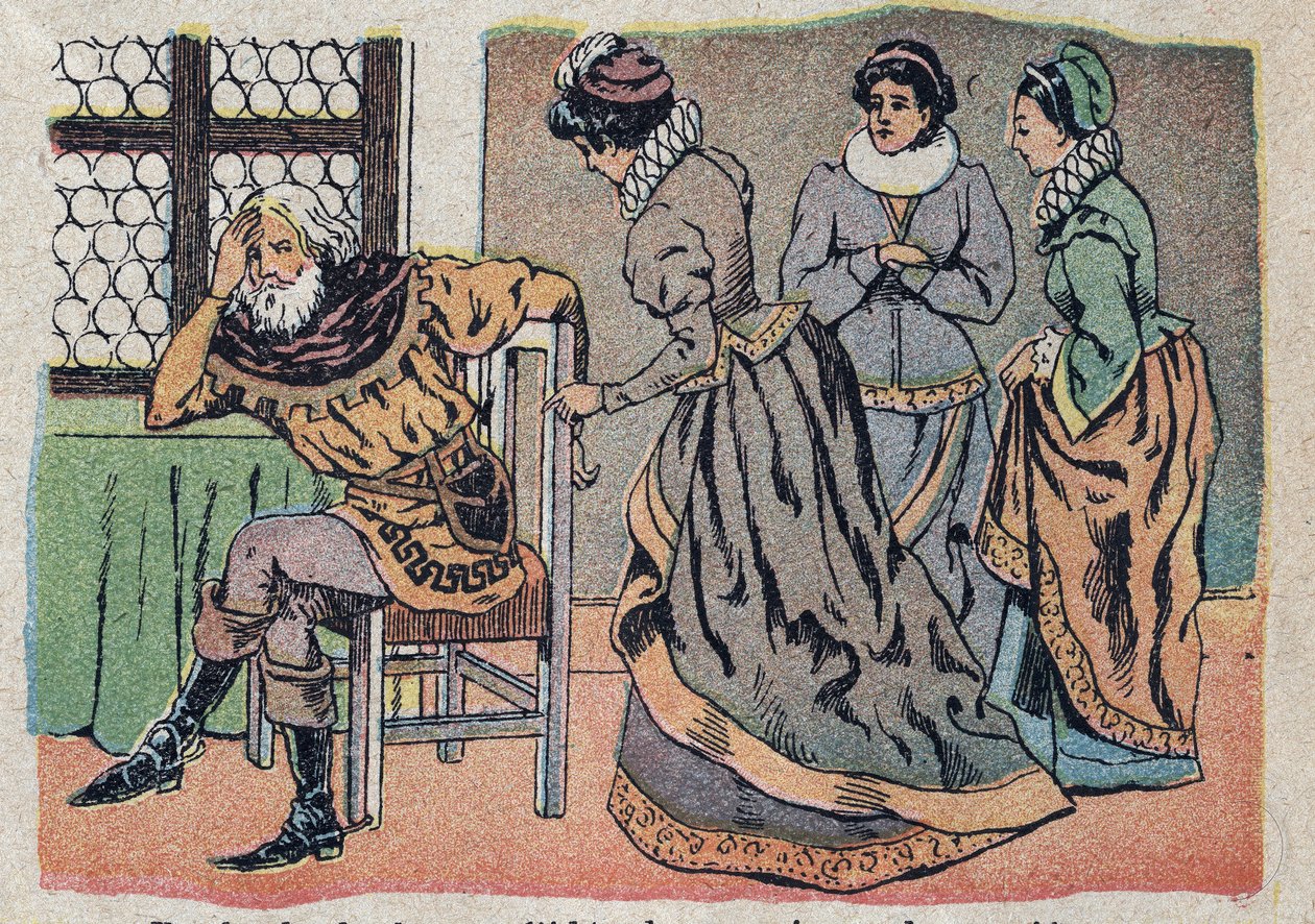 Ilustración para el cuento “La Bella y la Bestia”: el comerciante perdido en el dolor. Grabado de Quinn, circa 1890. de French School