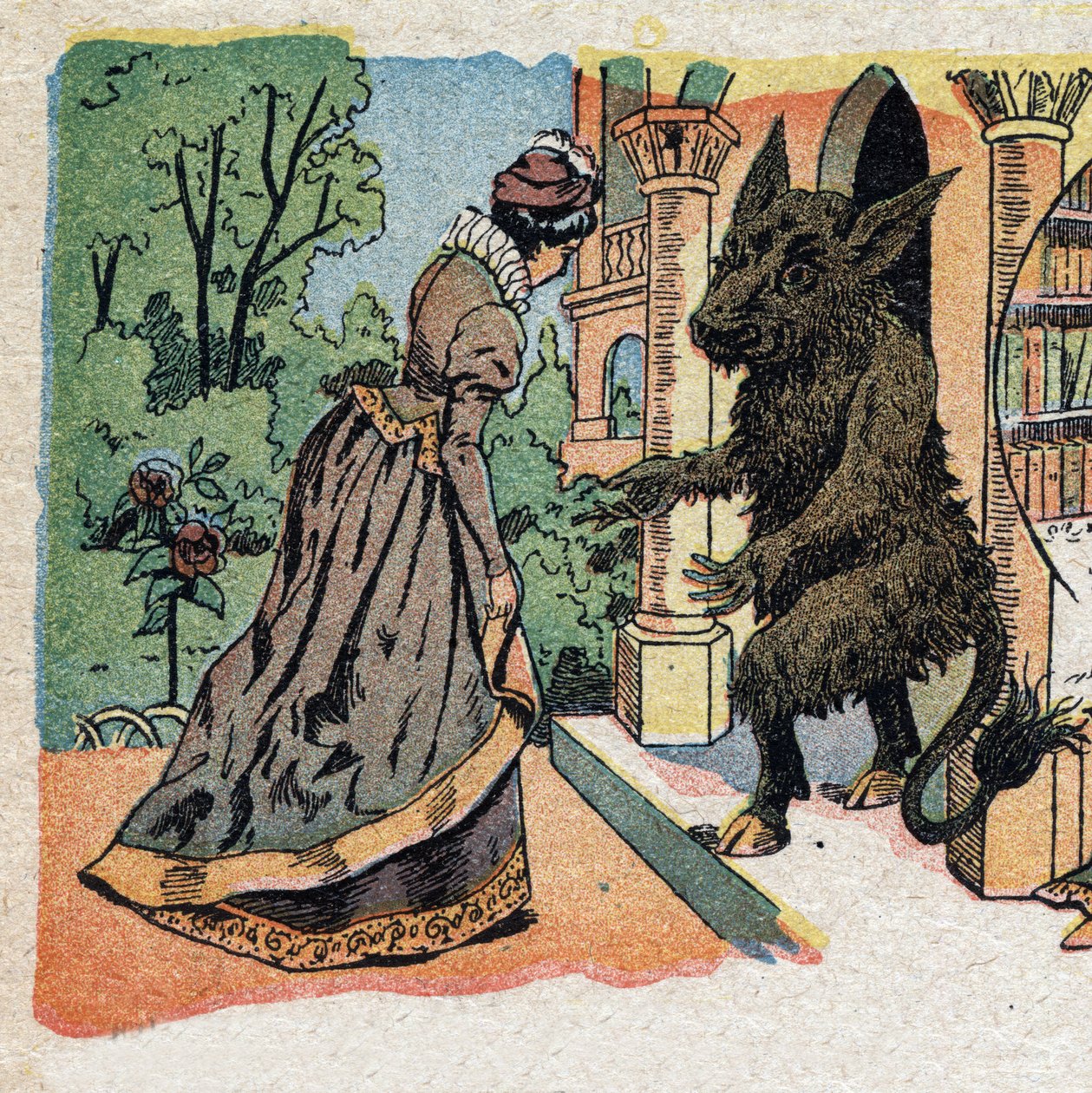 Ilustración para el cuento "La Bella y la Bestia": la bella llega al castillo de la Bestia. Grabado de la imaginería de Quinn, circa 1890 de French School