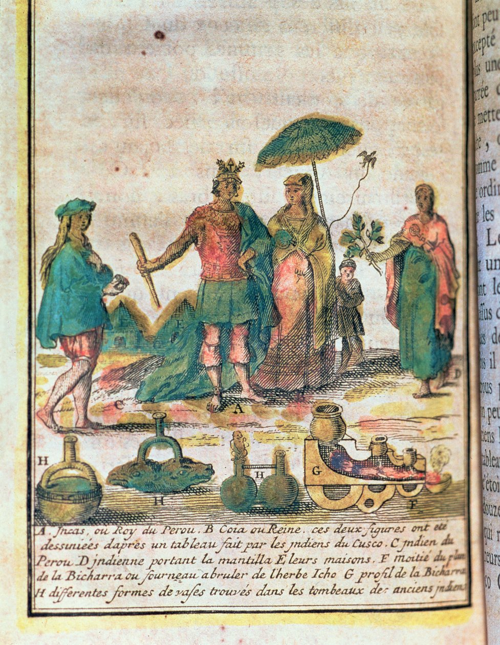 Ilustración de una historia de Perú que muestra a un rey y una reina incas con asistentes indios y un diagrama de una bicharra de French School