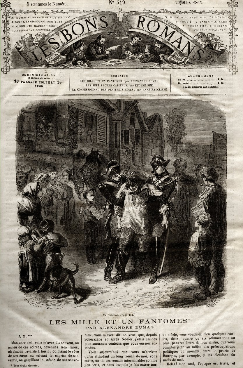 Ilustración de la novela “Los Mil Fantasmas” por Alexandre Dumas padre aparecida en “Los Buenos Romances” del 28/03/1865 de French School