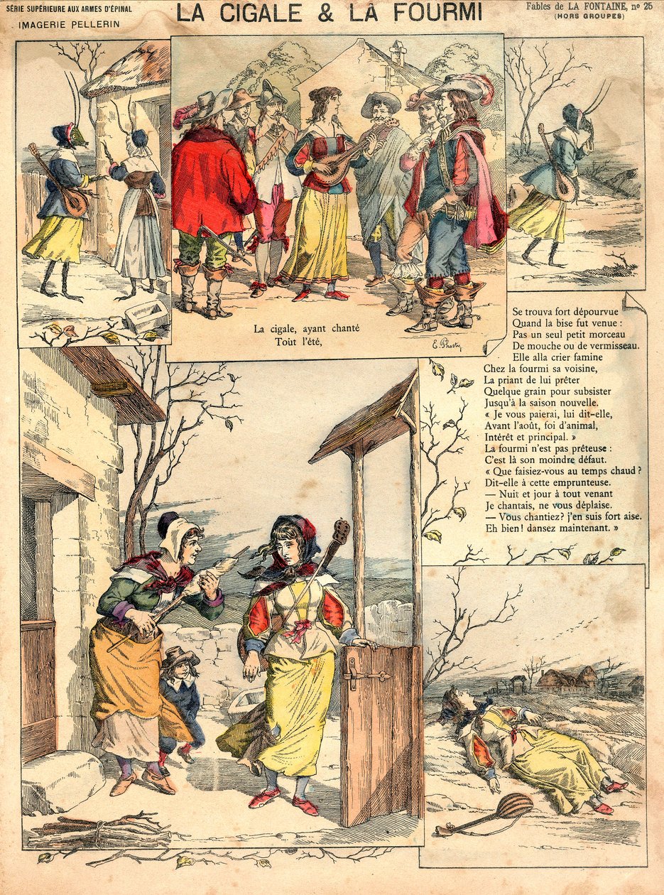 Ilustración de las Fábulas de La Fontaine La cigarra y la hormiga, grabado, c. 1890 de French School