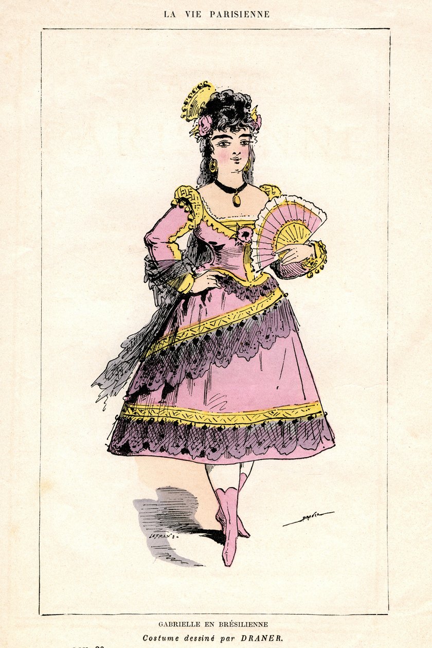 Ilustración de "La Vie Parisienne", pieza y ópera de Jacques Offenbach sobre libreto de Ludovic Halevy y Henri (Henry) Meilhac, edición en libro de la Librería Illustree 1875 - Gabrielle en Bresilienne: traje dibujado por Draner (1833-1926) de French School