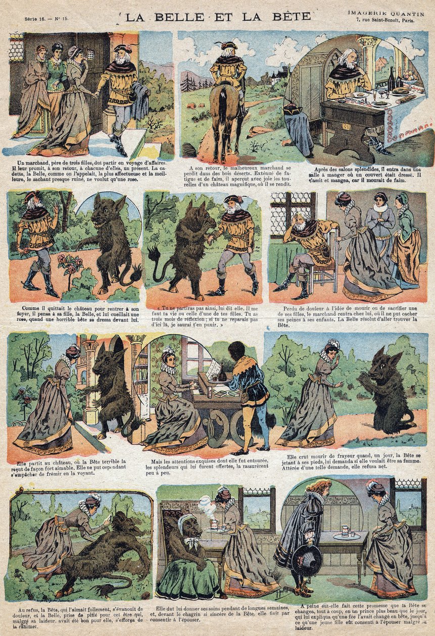Ilustración del cuento "La Bella y la Bestia". Grabado de la imaginería de Quinn, circa 1890 de French School