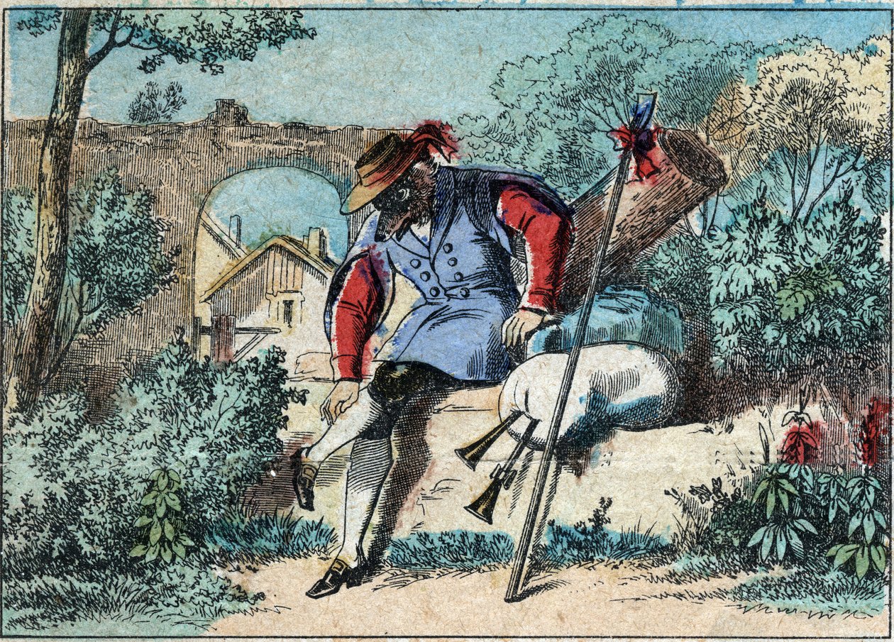 Ilustración de la fábula de Jean de la Fontaine (1621-1695): el lobo se convirtió en pastor. Imagen de Épinal de finales del siglo XIX. de French School