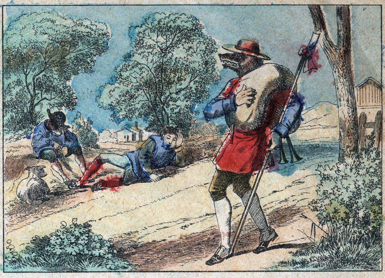 Ilustración de la fábula de Jean de la Fontaine (1621-1695): el lobo se convirtió en pastor. Imagen de Épinal de finales del siglo XIX. de French School
