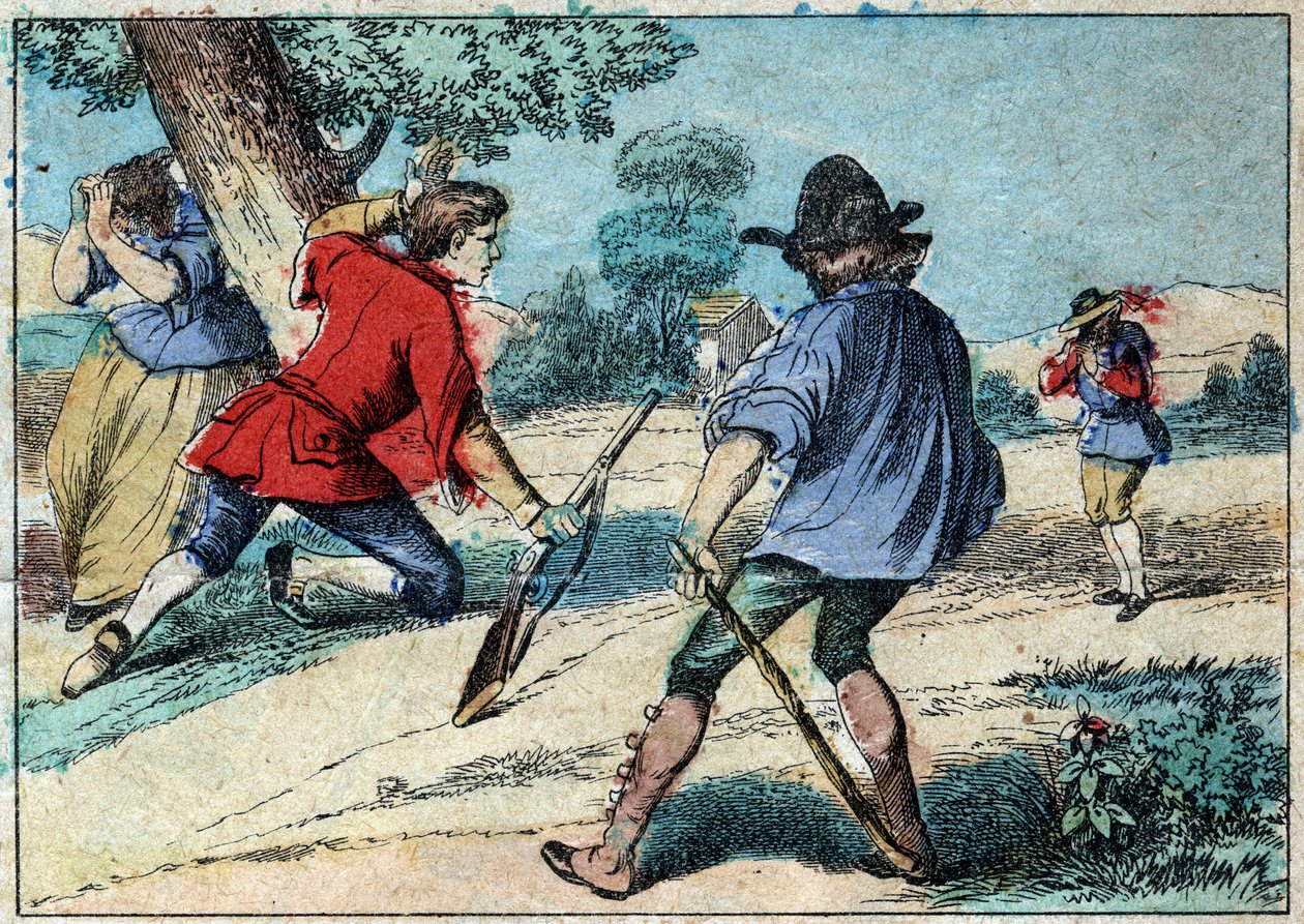 Ilustración de la fábula de Jean de la Fontaine (1621-1695): el lobo se convirtió en pastor. Imágenes de Epinal de finales del siglo XIX. de French School