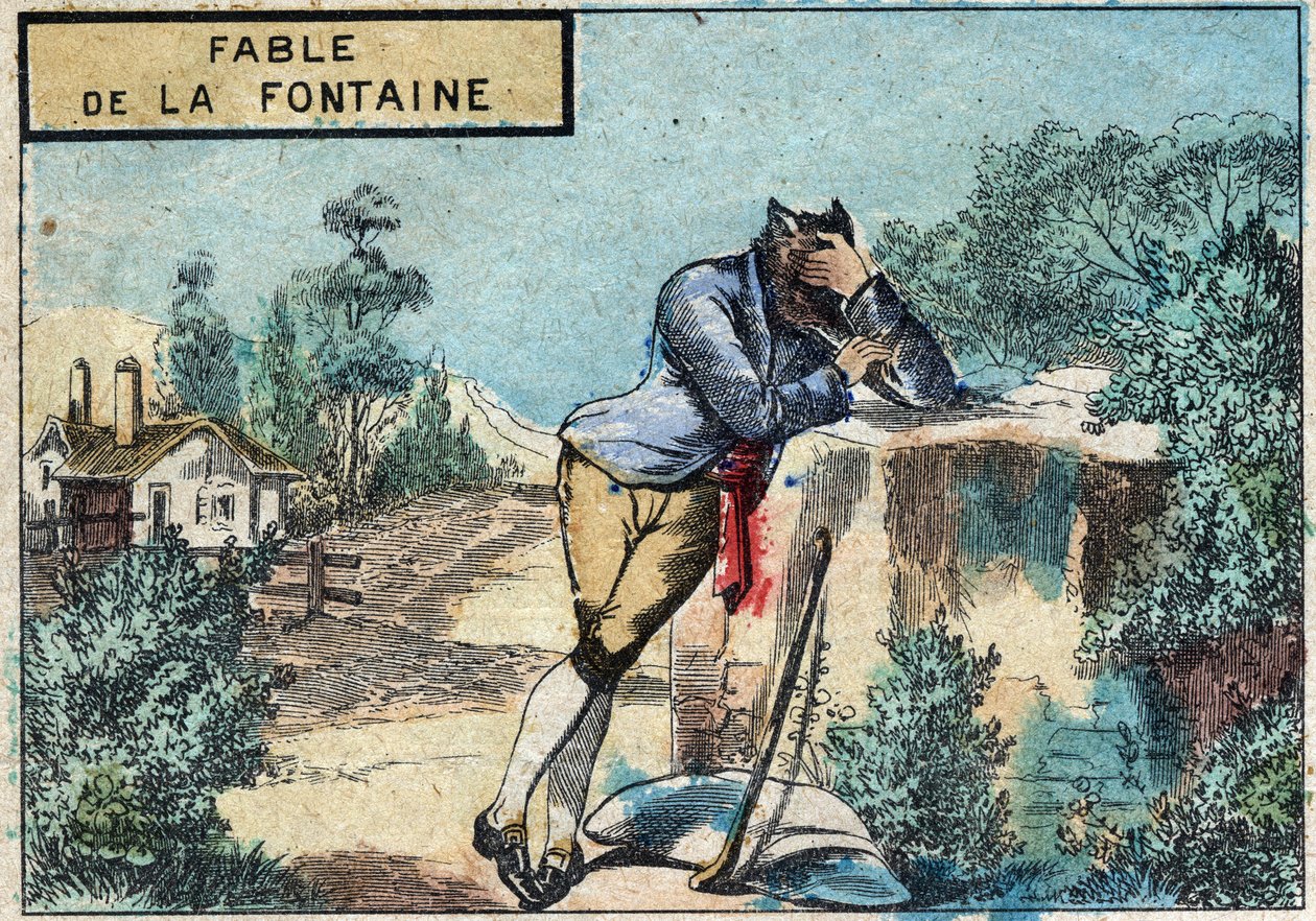 Ilustración de la fábula de Jean de la Fontaine (1621-1695): el lobo se convirtió en pastor. Imágenes de Epinal de finales del siglo XIX. de French School
