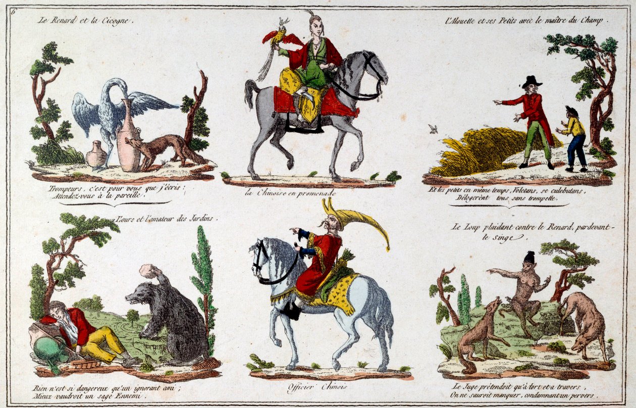 Placa de ilustración para las fábulas de Jean de La Fontaine: el zorro y la cigüeña, el chino caminando, el oso y el amante del jardín, el oficial chino. Grabado de French School