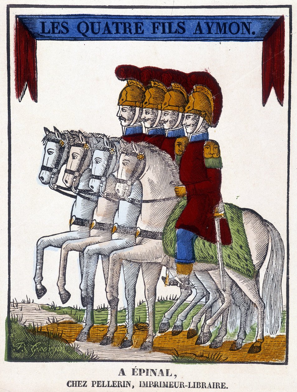 Imagen de Epinal de 1825 que representa "Los cuatro hijos Aymon", poema épico anónimo de finales del siglo XIII. de French School