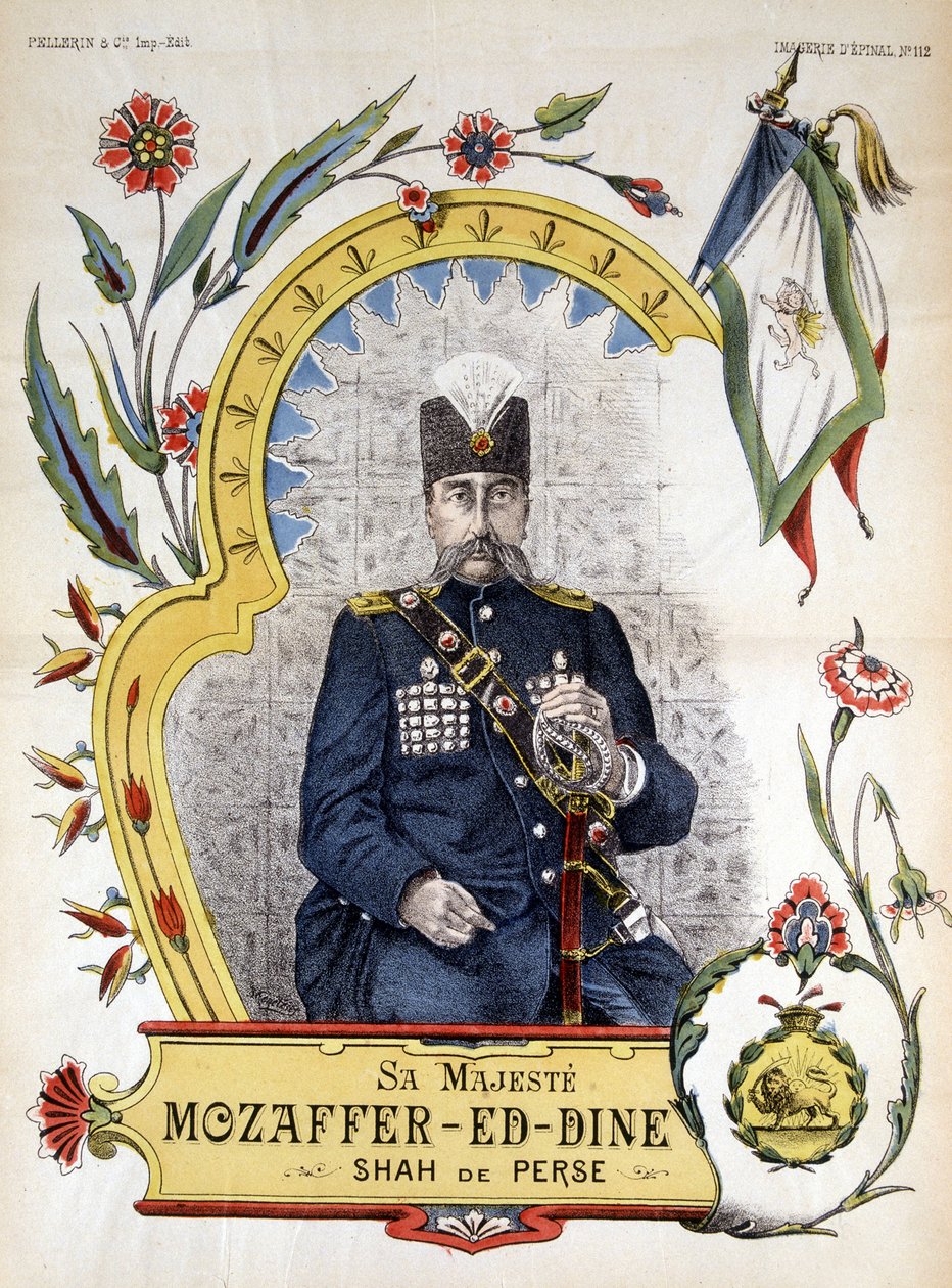 Imagen de epinal, Mozaffer ed dine (Mozaffer-ed-dine, Mozzafar-al-Din, Mozzafar al Din, Mozaffaredin) shah de Persia de 1896 a 1906 de French School