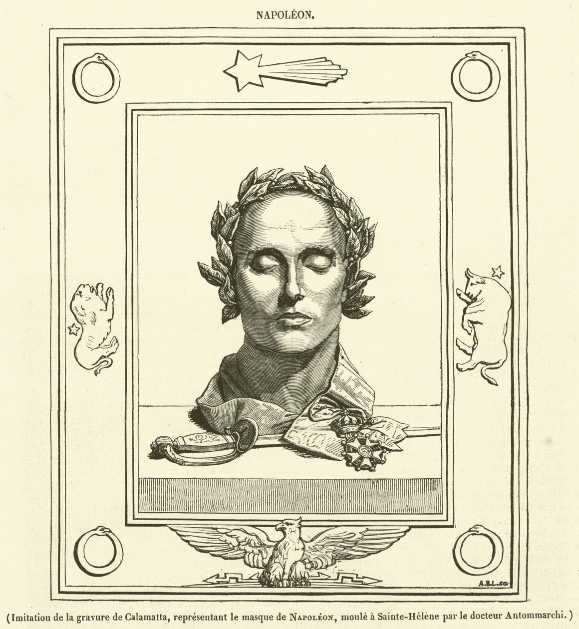 Imitación del grabado de Calamatta de la máscara de Napoleón, moldeada en Sainte-Helene por el Dr. Antommarchi (grabado) de French School