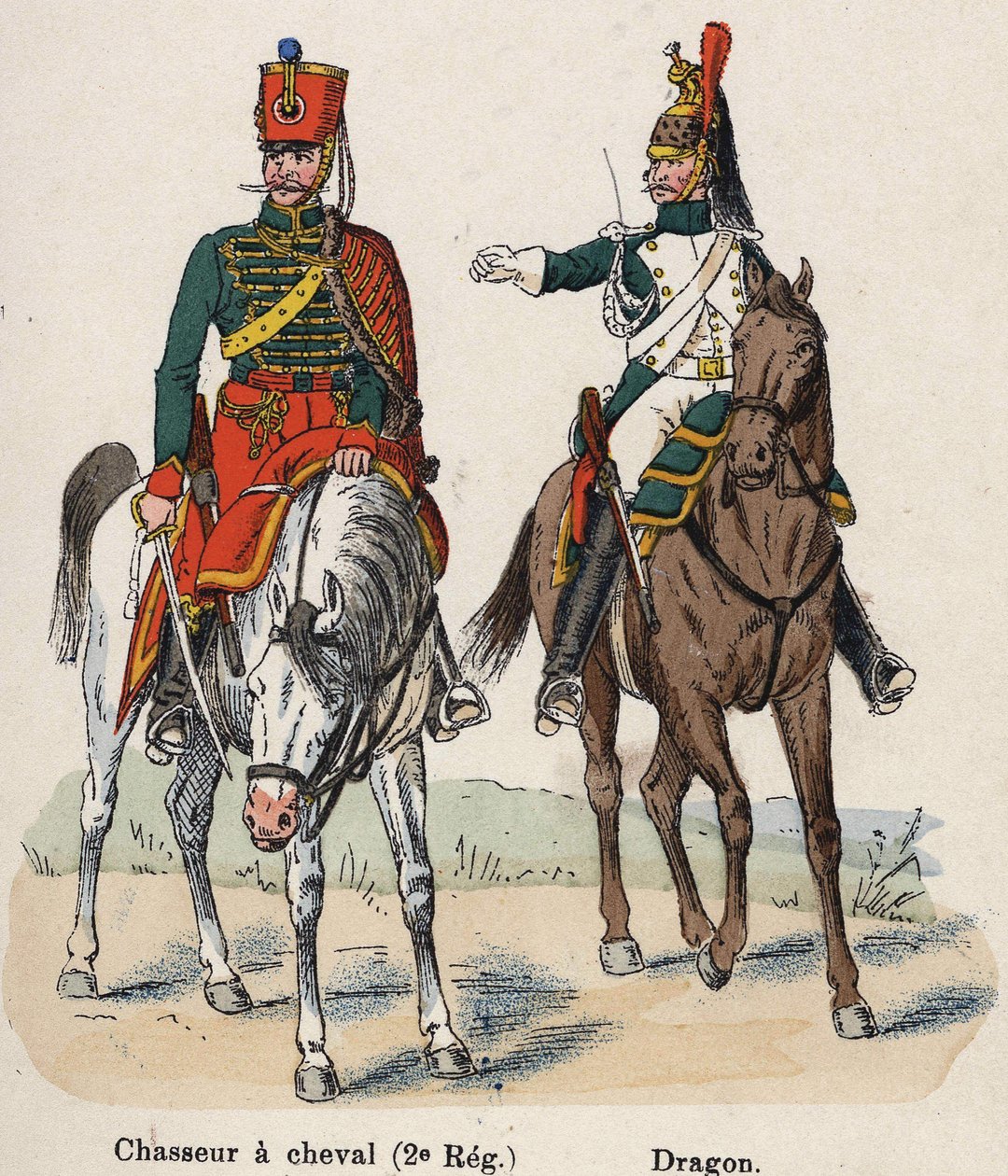 Guardia Imperial Napoleón I: Cazador a Caballo (2º Regimiento) y Dragón. Lámina del libro Les Uniforms de l