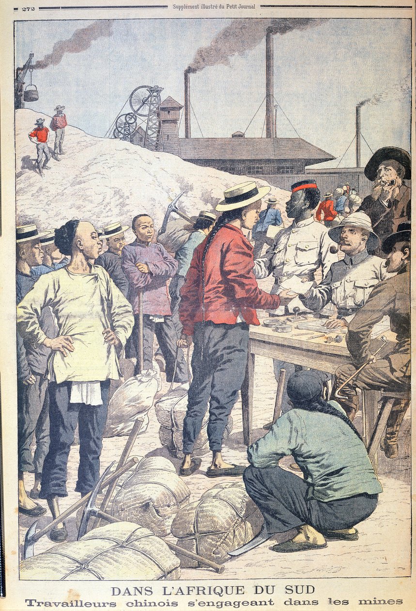 Importación de trabajadores chinos para trabajar en las minas de oro de Sudáfrica en 1904, ilustración de Le Petit Journal, 1904 de French School