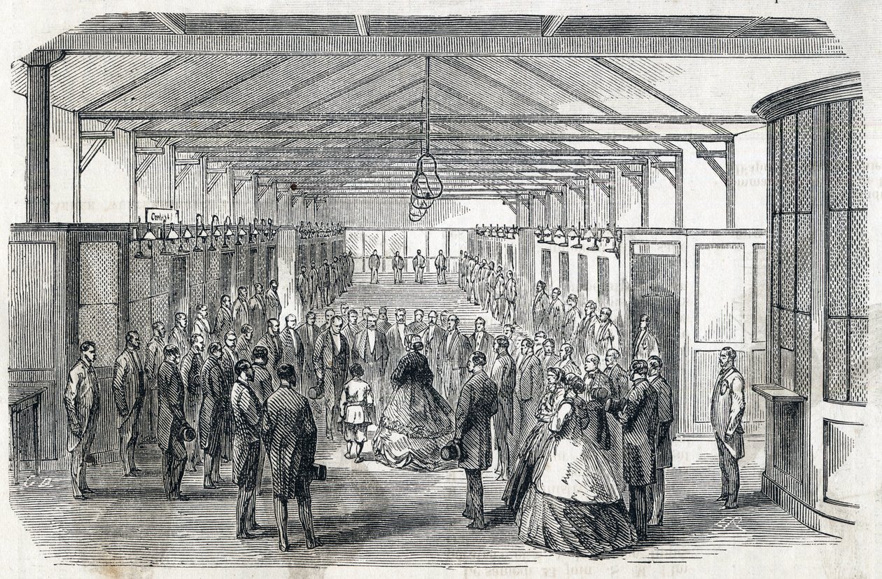 La emperatriz Eugenia y el Príncipe Imperial visitan el Banco de Francia, 23 de junio de 1866 - grabado en Le MONDE Illustré DU 07/07/1866 de French School