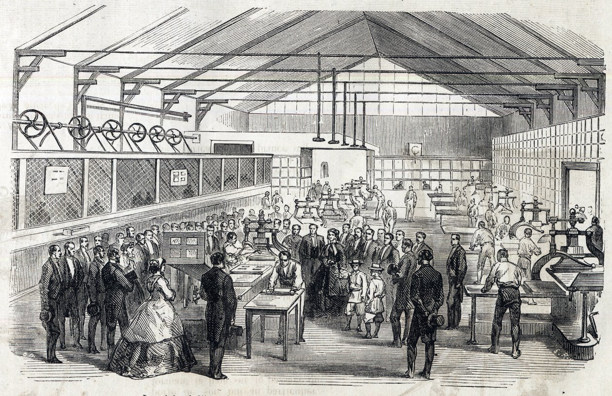 La emperatriz Eugenia y el Príncipe Imperial visitan el Banco de Francia, 23 de junio de 1866 - impresión de billetes - grabado en Le MONDE Illustre DU 07/07/1866 de French School