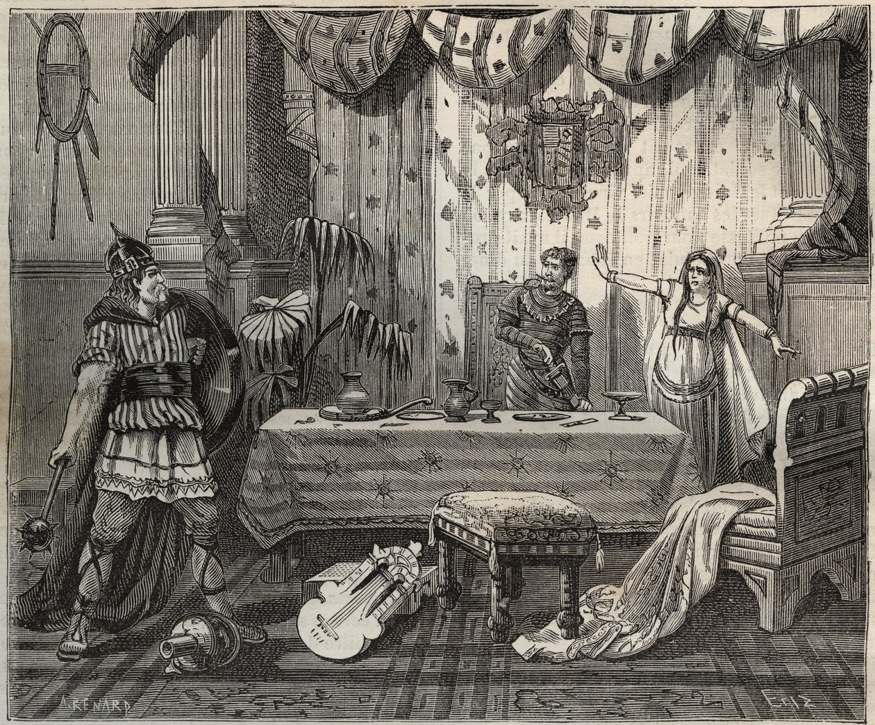 En 978 Lotario (941-986), Rey de los Francos, entró en el palacio de Otón II del Sacro Imperio (955-983) y su esposa Teófano en Aquisgrán, pero la familia imperial logró capturarlo. Ilustración en "París a través del siglo". de French School