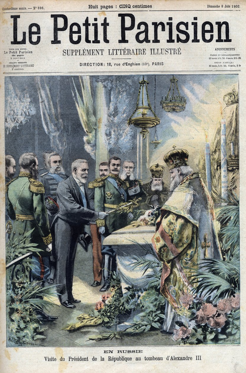 En Rusia: visita del Presidente Émile Loubet (1838-1929) a la tumba de Alejandro III (1845-1894), Emperador de Rusia, en "Le Petit Parisien" de French School