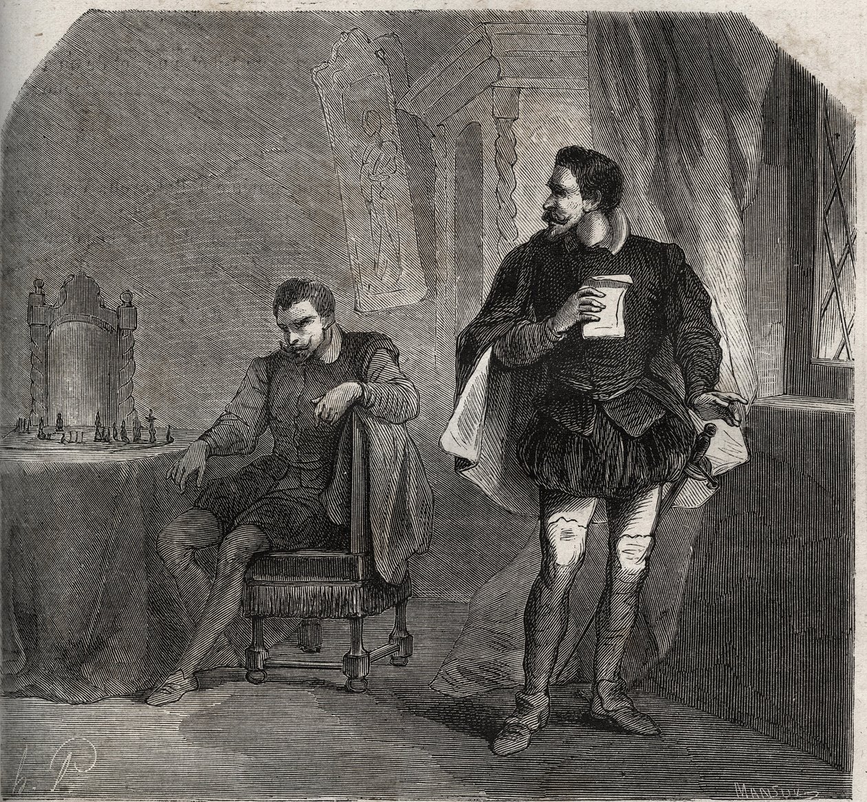 En una partida de ajedrez con James Balfour, Jacques Hepburn (conocido como Bothwell) (circa 1534-1578), amante de la Reina María I de Escocia (1542-1587), recibió un mensaje de la Reina informándole que su esposo Henry Stuart, llamado Lord Darnley de French School
