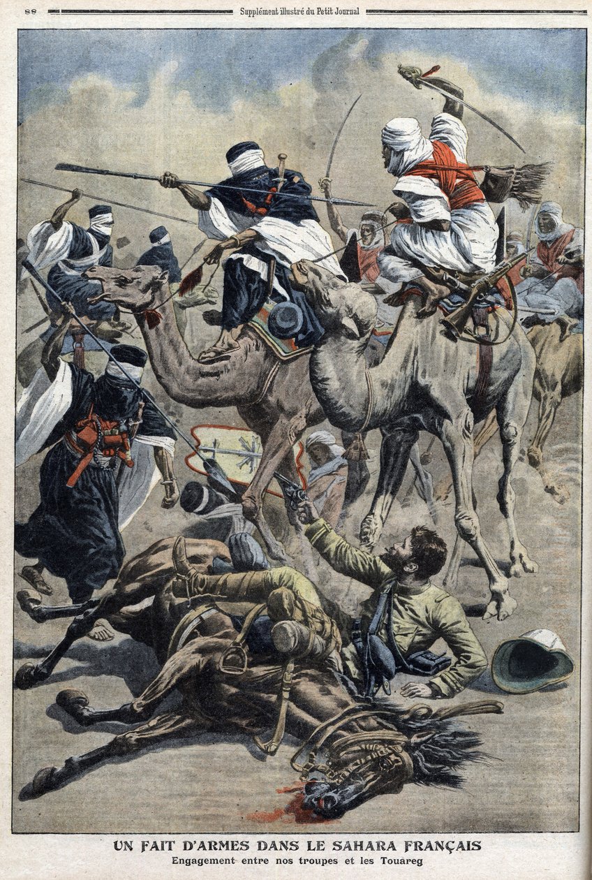 En el Sahara inglés: lucha entre tropas francesas y tuaregs, ilustración del periódico "Le Petit Journal" del 17 de marzo de French School