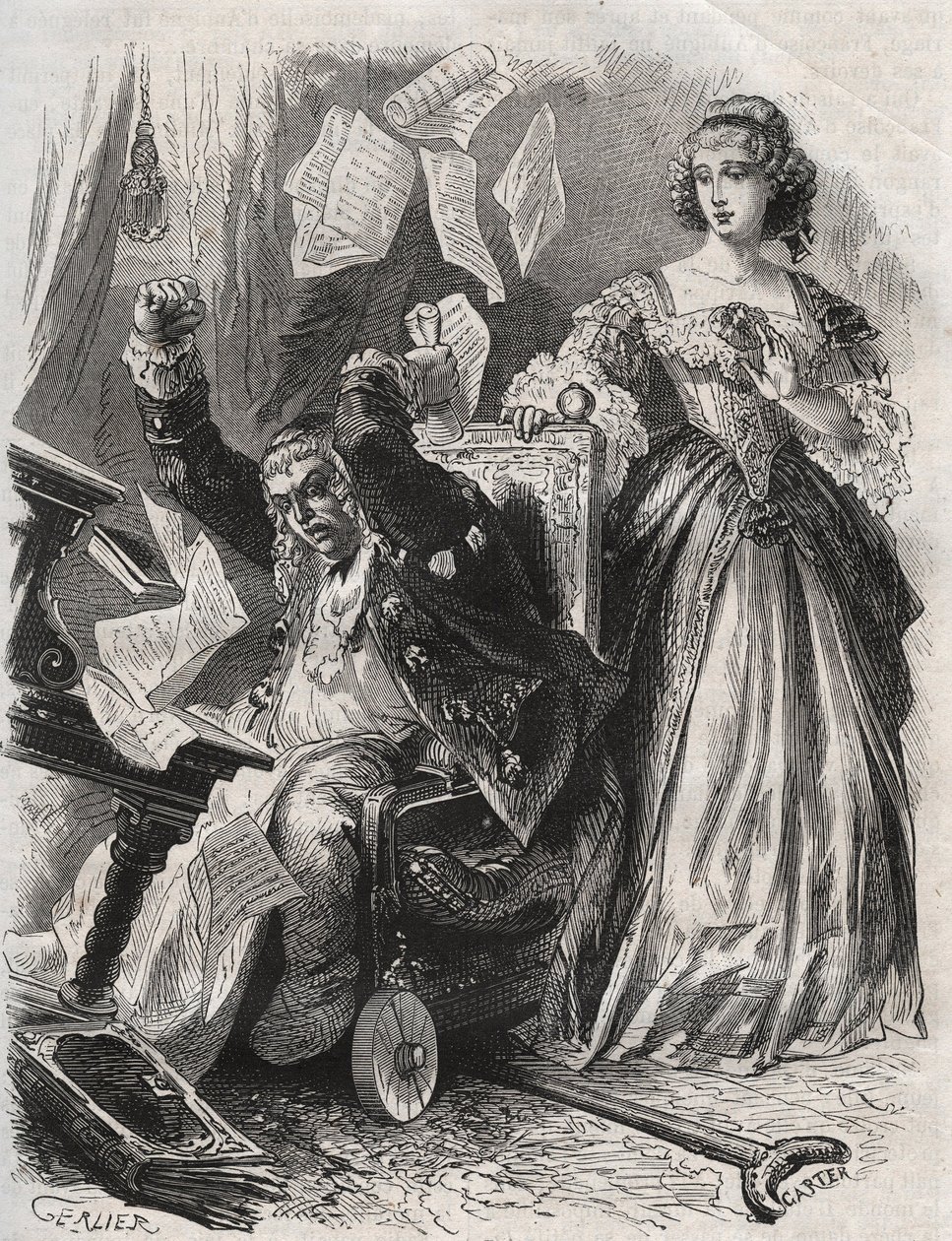 Preso de una furia loca, hizo volar plumas, libros y papeles: ira del poeta Paul Scarron (1610-1660) frente a su esposa, Françoise d