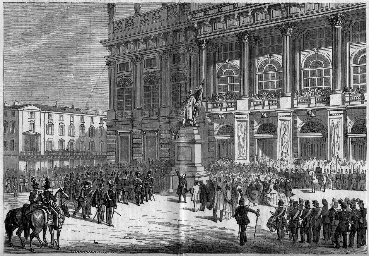 Inauguración del monumento sardo por Vincenzo Vela (1820-1891), en la Plaza del Castillo en Turín (Italia) el 10 de abril de 1859. Detrás de la estatua está el "Palazzo Madama". Basado en los bocetos del Sr. Ferry. Grabado en "Le Monde Illustré" n°106 del  de French School