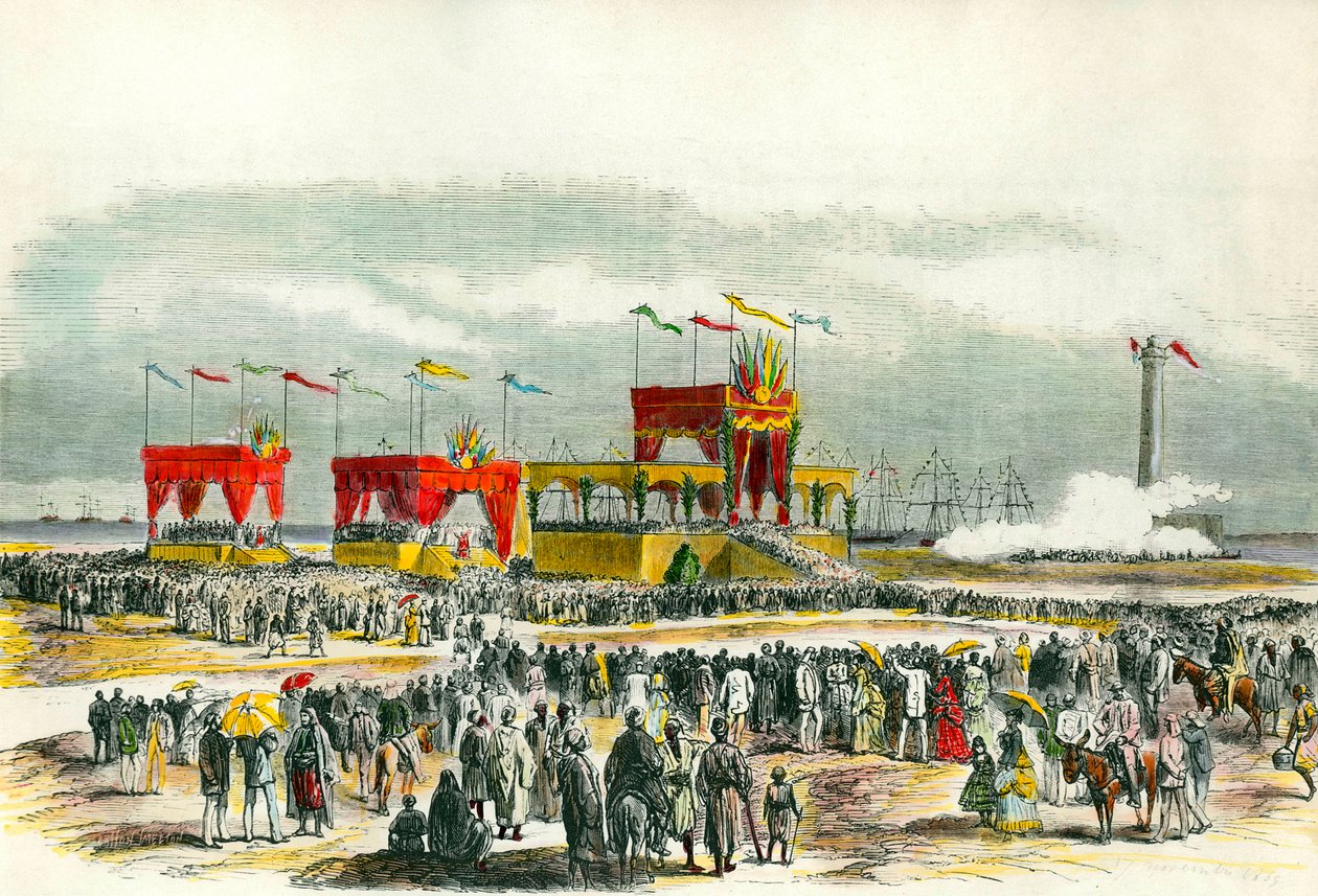 Inauguración del Canal de Suez en Egipto en 1869: el “Te Deum” canta en Port Said. El canal fue creado para conectar el Mar Rojo con el Mar Mediterráneo. de French School