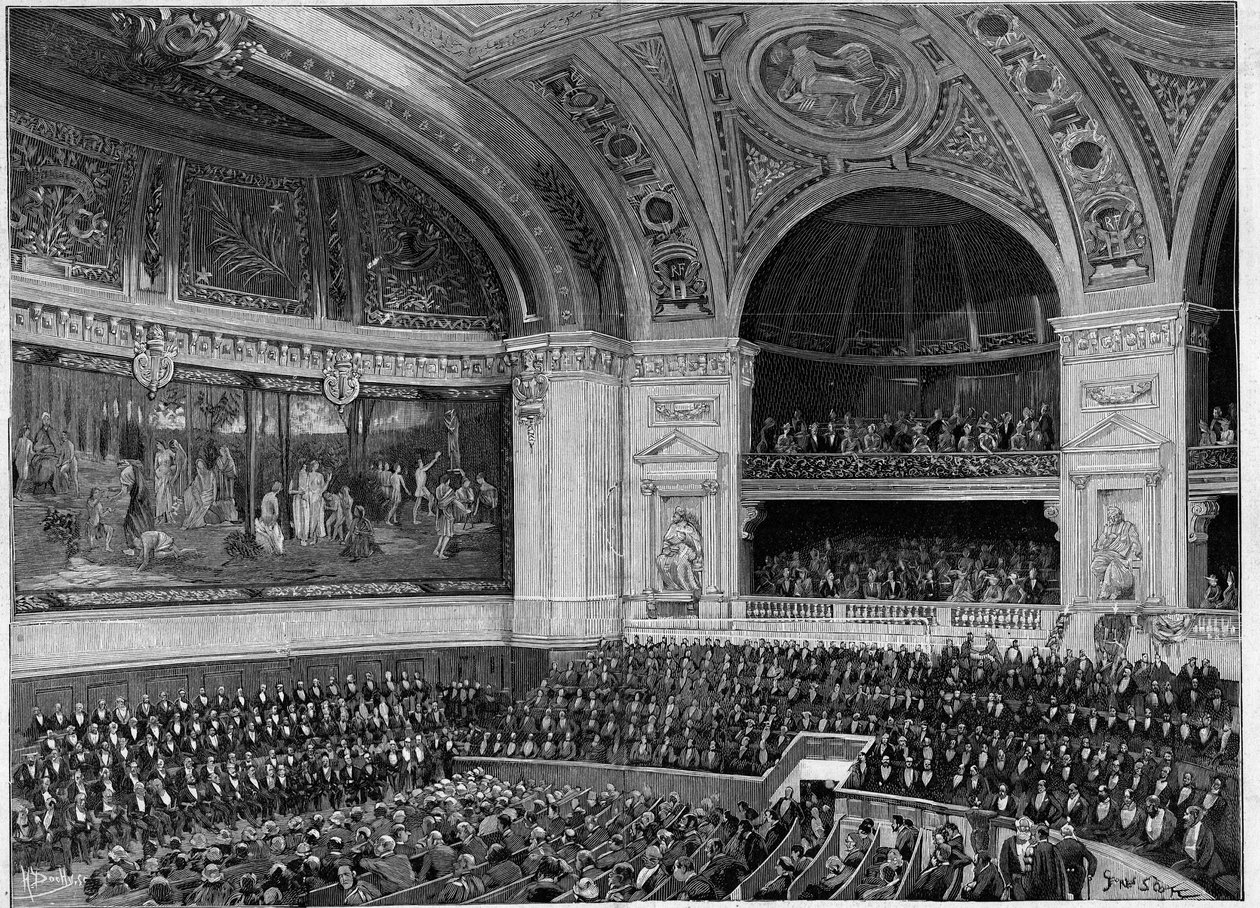 Inauguración de la nueva Sorbona en 1889: el gran anfiteatro durante la ceremonia. de French School