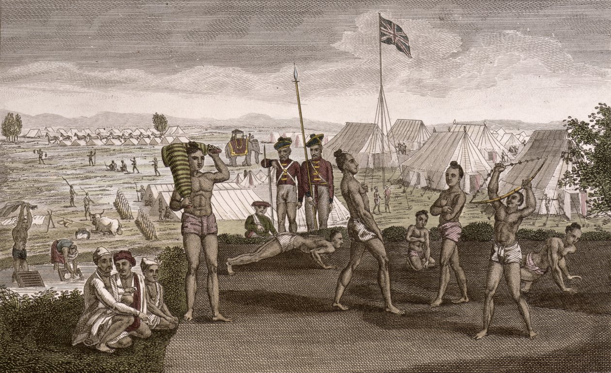 Guerreros indios ejercitándose con una vista del campamento de los residentes ingleses, c.1810 de French School