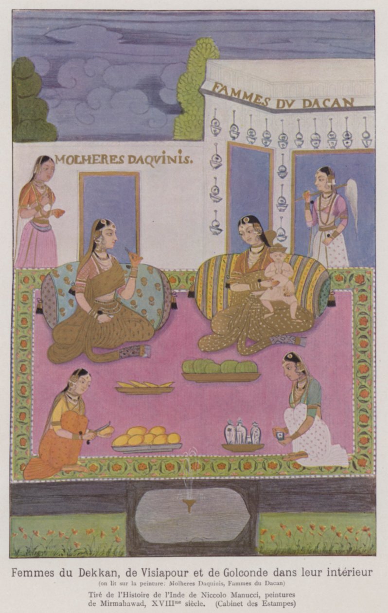 Mujeres indias del Decán en el interior de un edificio (litografía en color) de French School