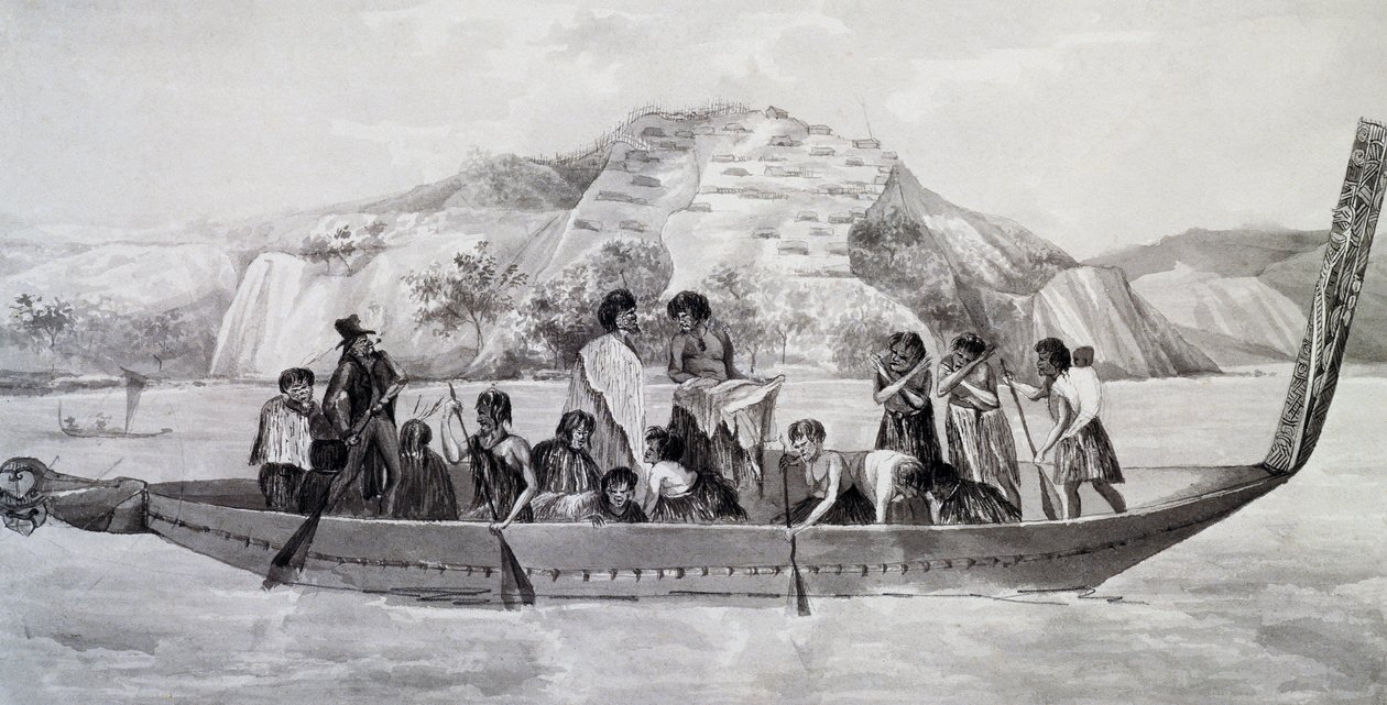 Indígenas neozelandeses en piragua con aldea fortificada al fondo, 10 de abril de French School