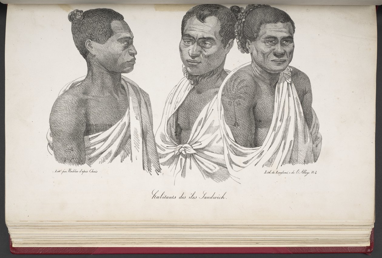 Habitantes de las islas Sandwich, de Pintoresco viaje alrededor del mundo, con retratos de salvajes de América, Asia, África y las islas del Gran Océano; paisajes, vistas al mar y varios objetos de historia natural; acompañado de French School