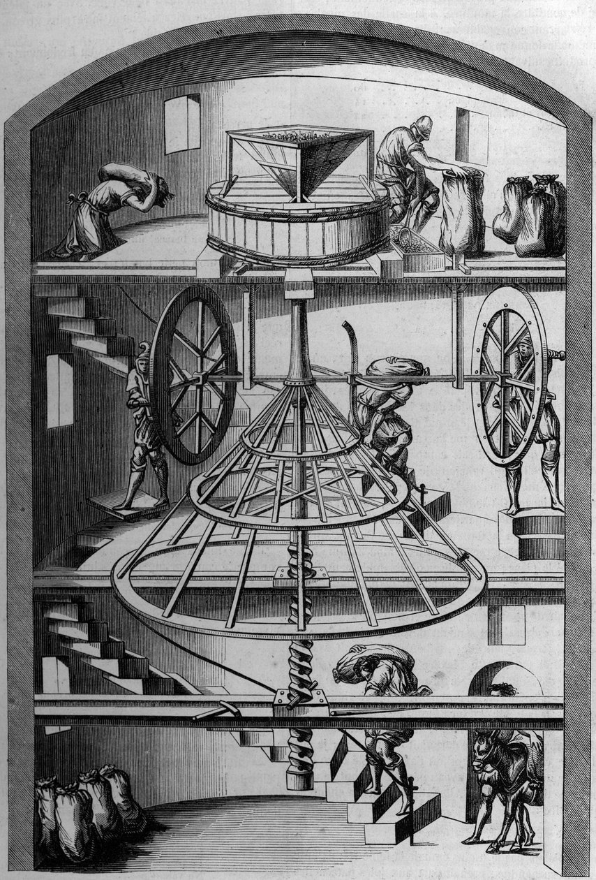 Vista interior de un molino del siglo XVI; Grabado de Androue du Cerceau en “Le Magasin picturesque” de French School