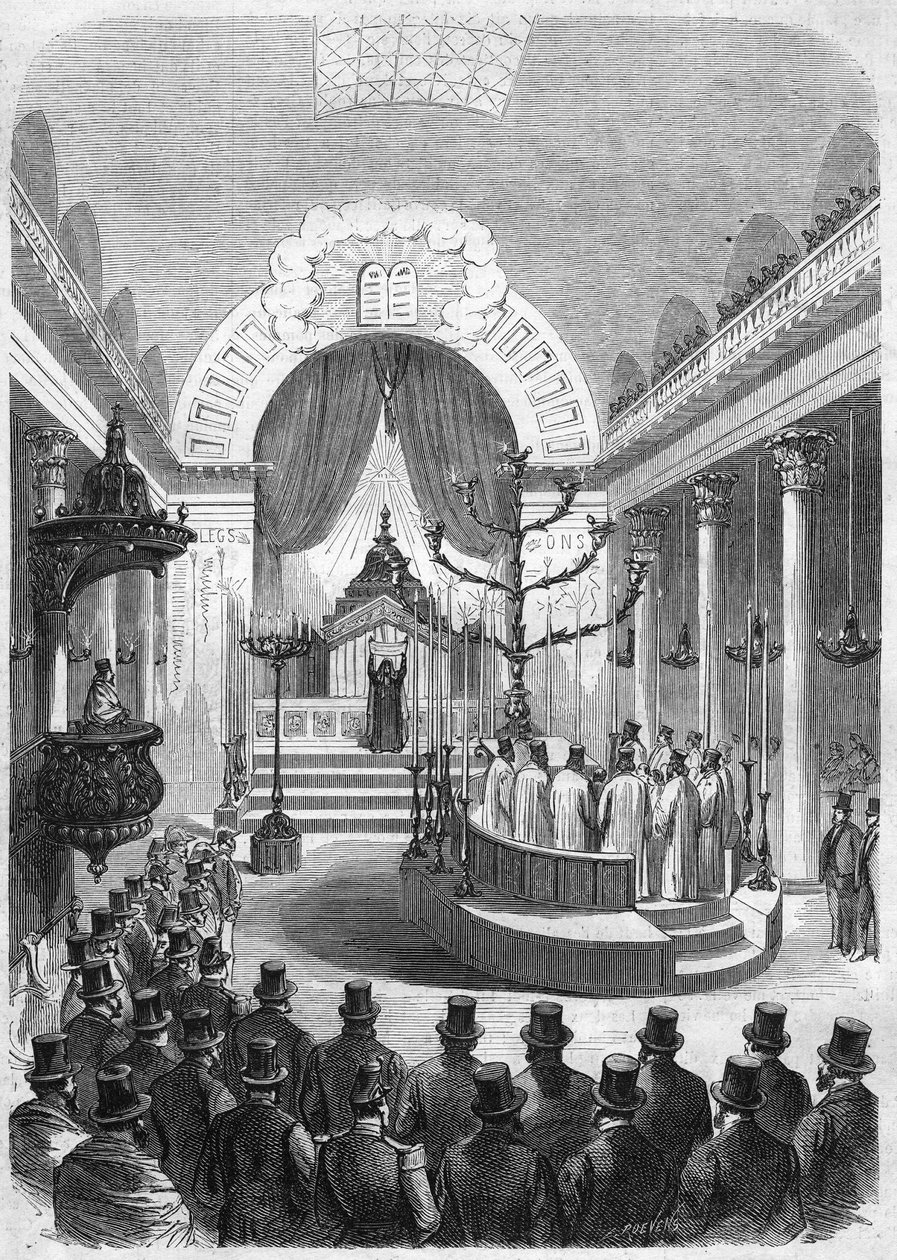 Instalación del rabino jefe de la conscripción de Burdeos, en la sinagoga de la ciudad en 1864. Grabado del boceto del Sr. Duffet. de French School