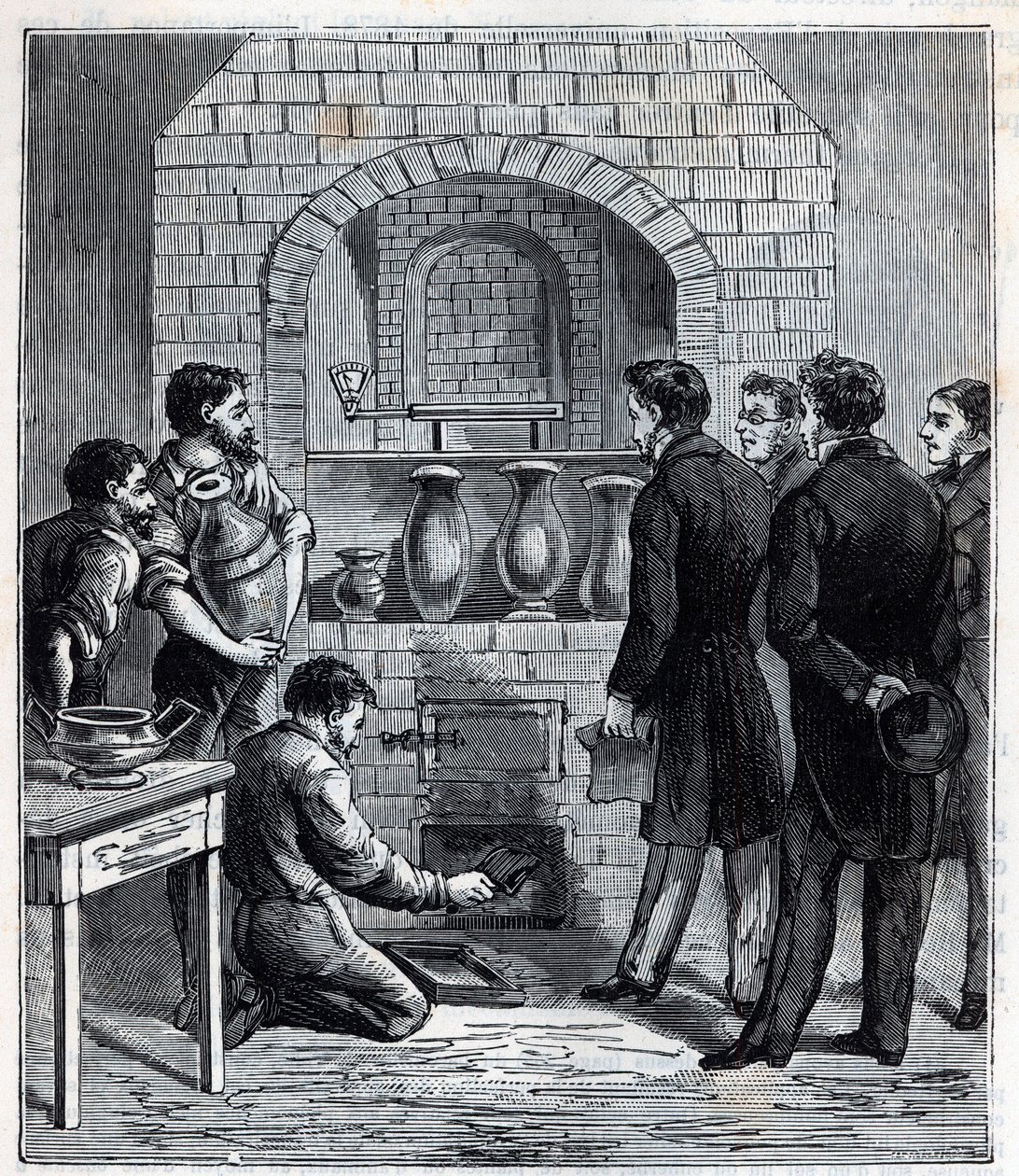 Instalación del pirómetro por Alexandre Brongniart (1770-1847) científico francés en la manufactura de Sèvres - Grabado en “Ciencias llevadas a la casa de todos - física y química populares” por Alexis Clerc - Finales del siglo XIX. Colección privada. de French School