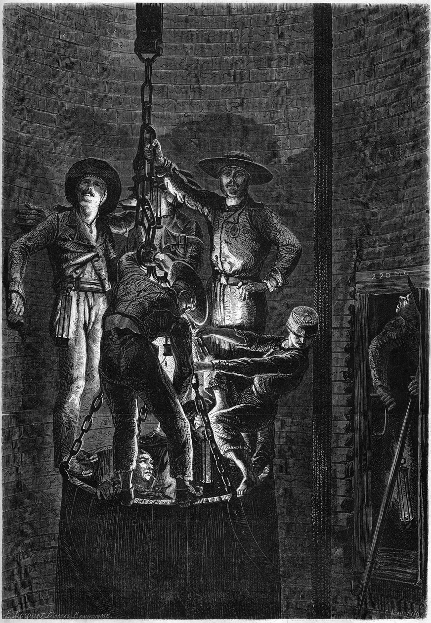 Apariencia interior de un pozo de mina de carbón: ascenso del contenedor. 1861. Grabado en 