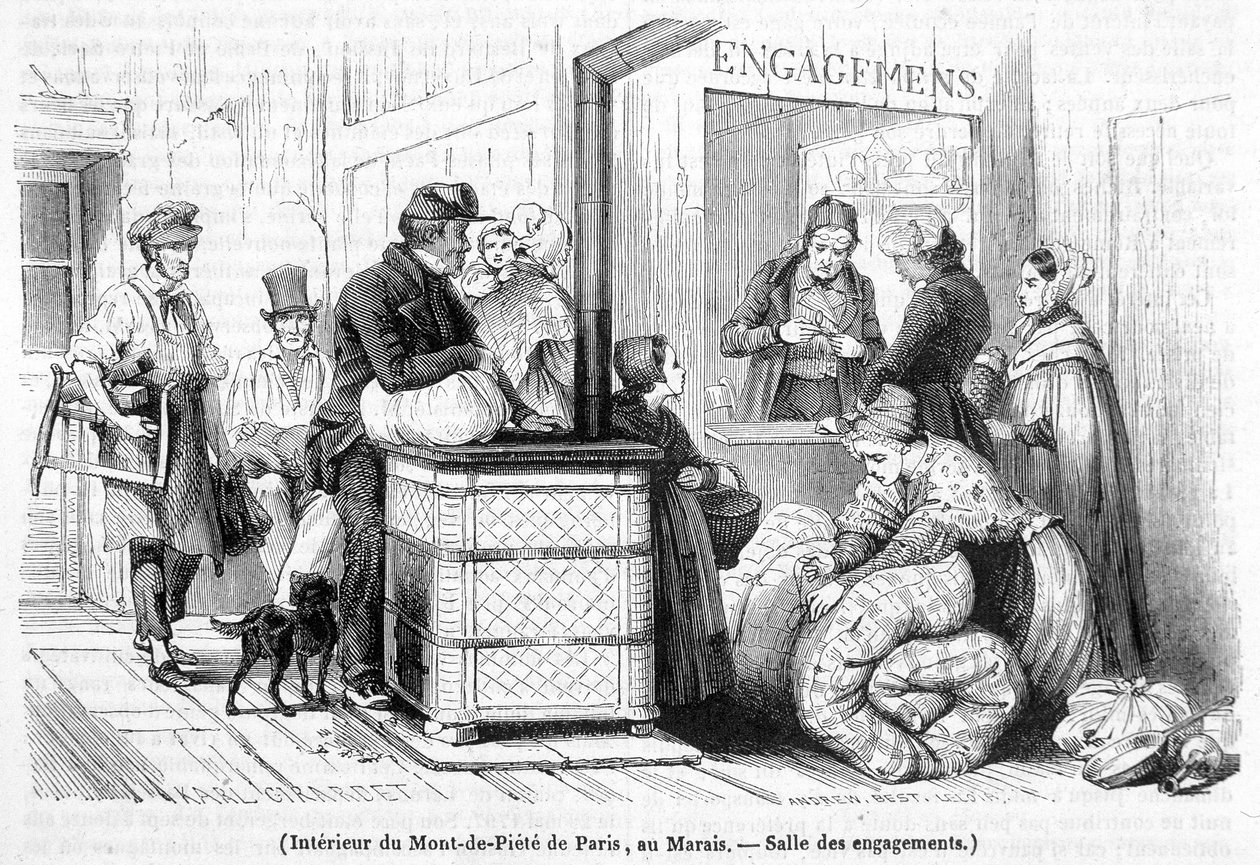 Interior del Mont-de-Piété en París, en el Marais: salón de compromisos- en "Le Magasin picturesque" nº 6 de junio de 1842 de French School