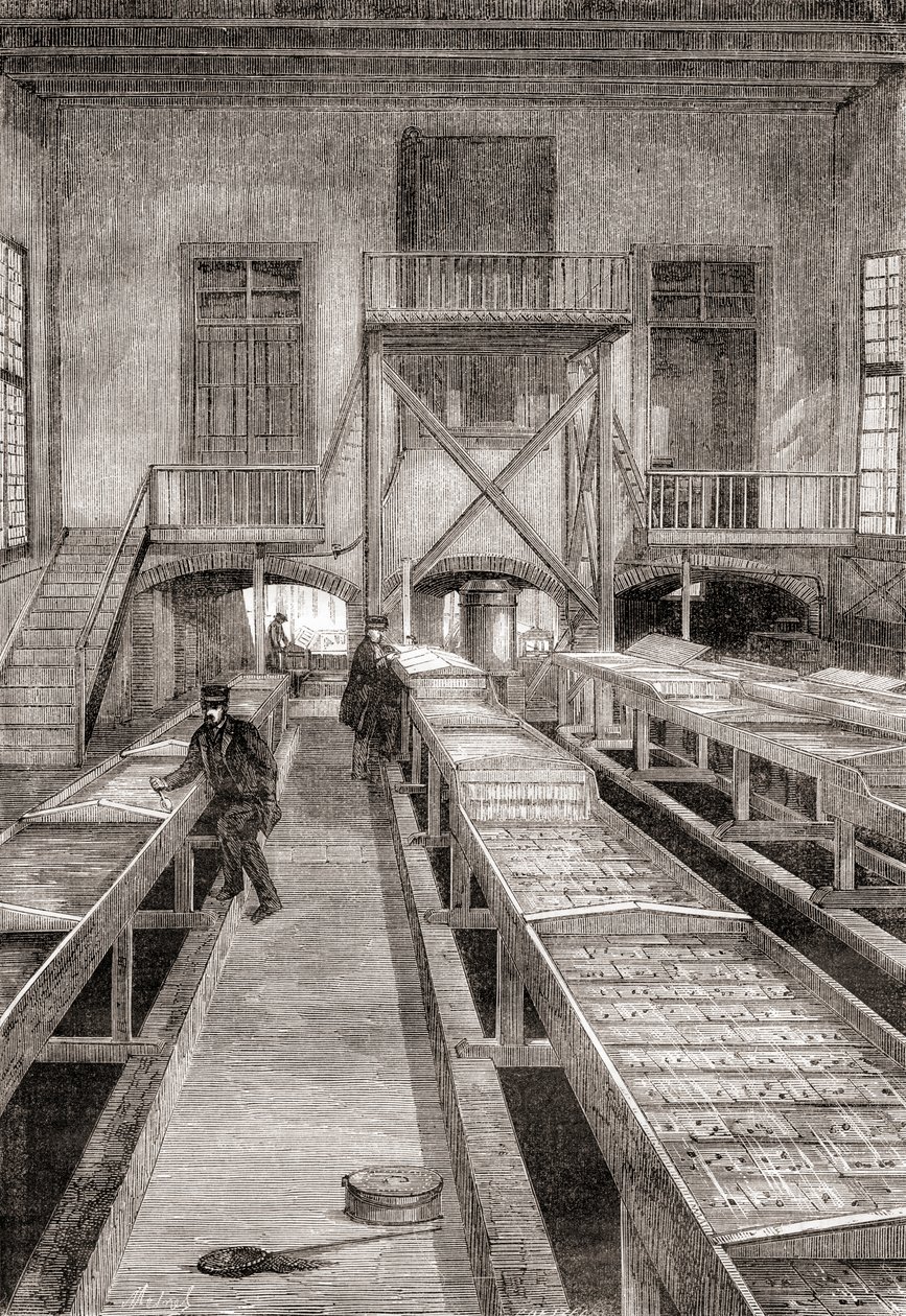 Interior de una piscifactoría del siglo XIX en Huningue, Francia, de Les Merveilles de la Science, publicado c.1870 (grabado) de French School
