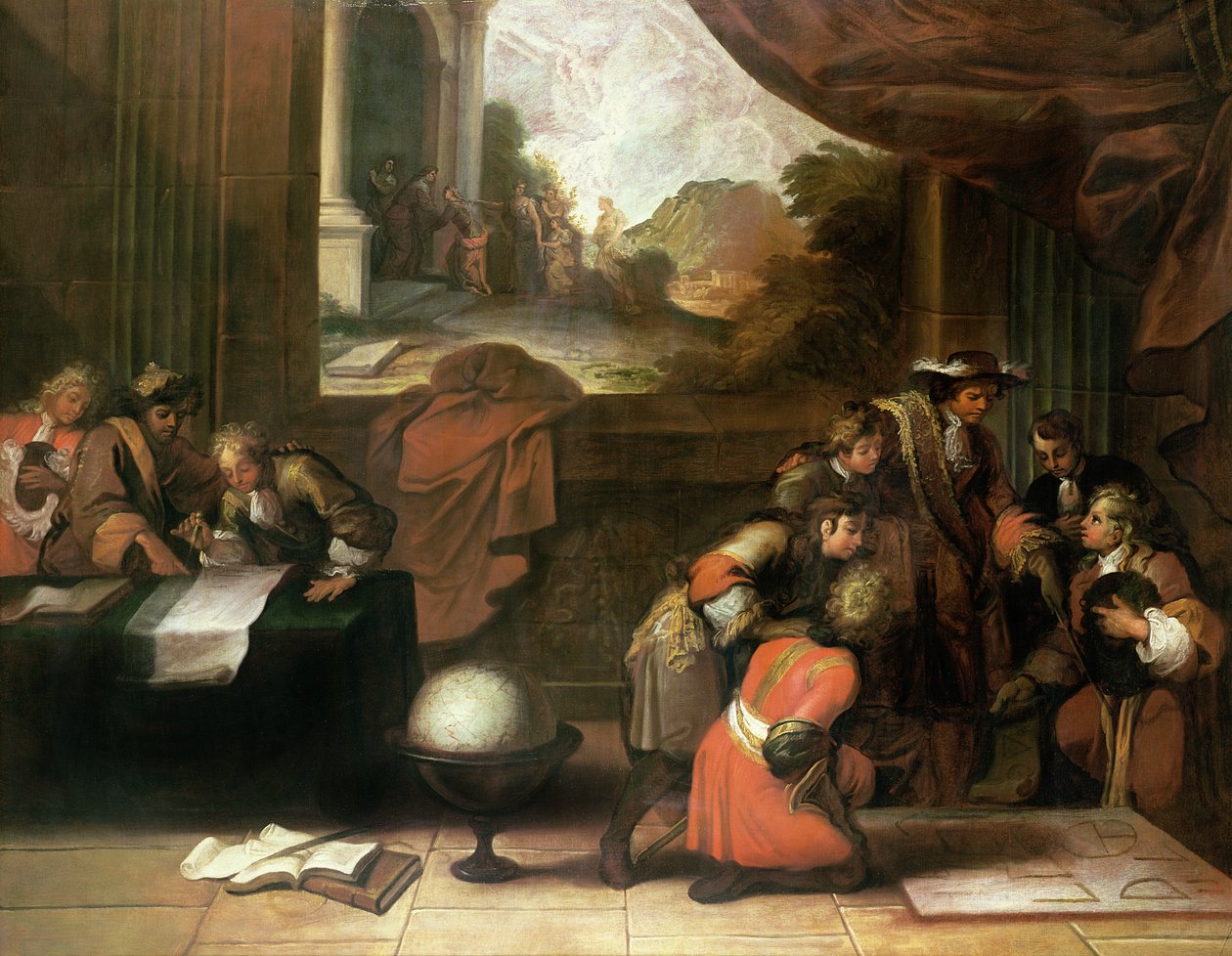 Interior de una habitación con geógrafos y matemáticos, c.1680-90 de French School