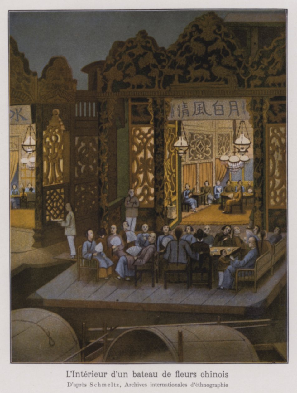 Interior de un barco de flores, un barco de recreo chino (litografía en color) de French School
