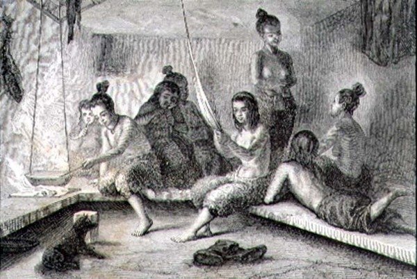 Interior de una cabaña esquimal en la década de 1860 (grabado) de French School
