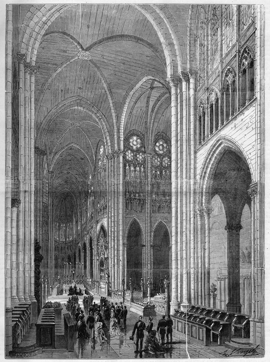 Interior de la Basílica de Saint Denis restaurada según los planos de Eugène Viollet-le-Duc (1814-1879). Grabado en "El Universo Ilustre" de French School