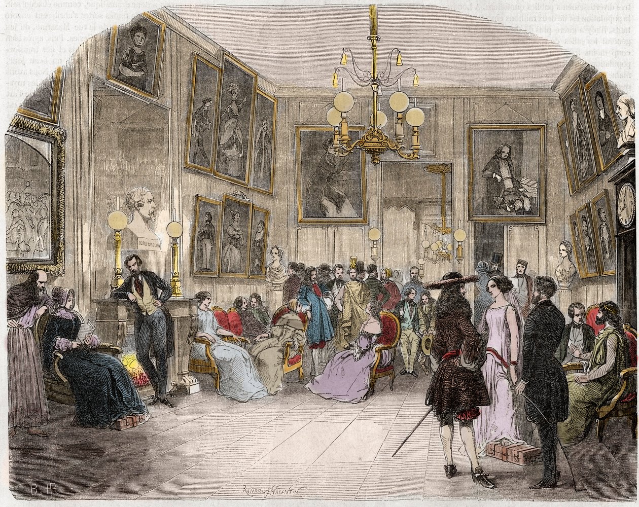 Vista interior del salón verde (Comédie Française en París) - Vue intérieure du foyer des artistes - Comédie Française - Grabado en 